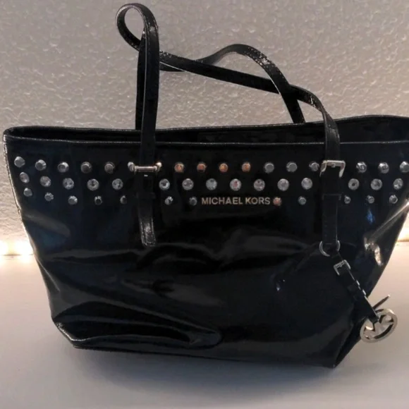 Michael Kors Black Patent Leather Rhinestones Studded Tote good used condition - Picture 3 of 15
